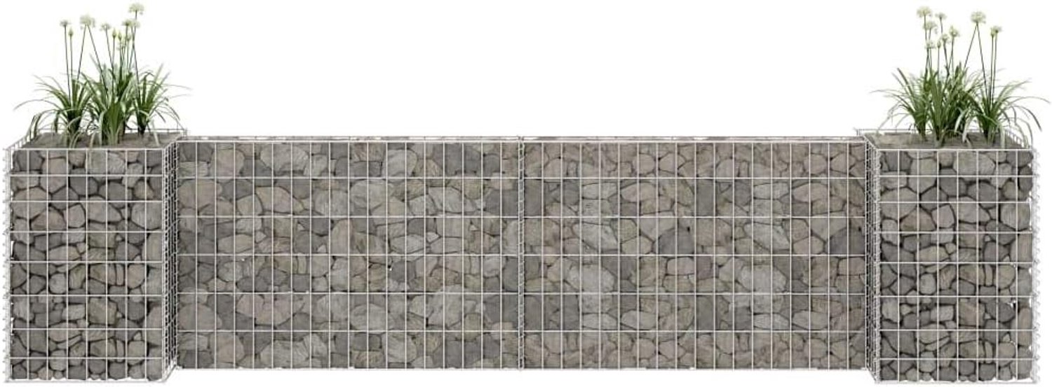 Bloembak van schanskorf in H-vorm, schanskorf hek, mand van net, steenkorven van steen, metallic voor stenen, wanddikte, vierkant, staaldraad, 260 x 40 x 60 cm