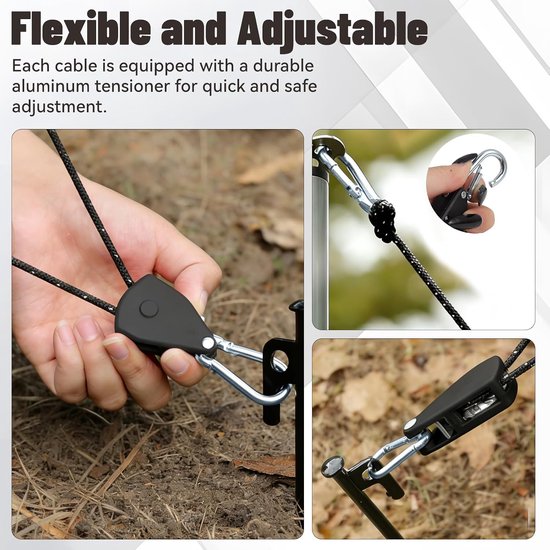 8 stuks verstelbare touwratels, 4 m spankabels met touwspanner, ratelhaken, zware ratels, voor het kweken van planten, lamp, tent, wandelen — afbeelding 3