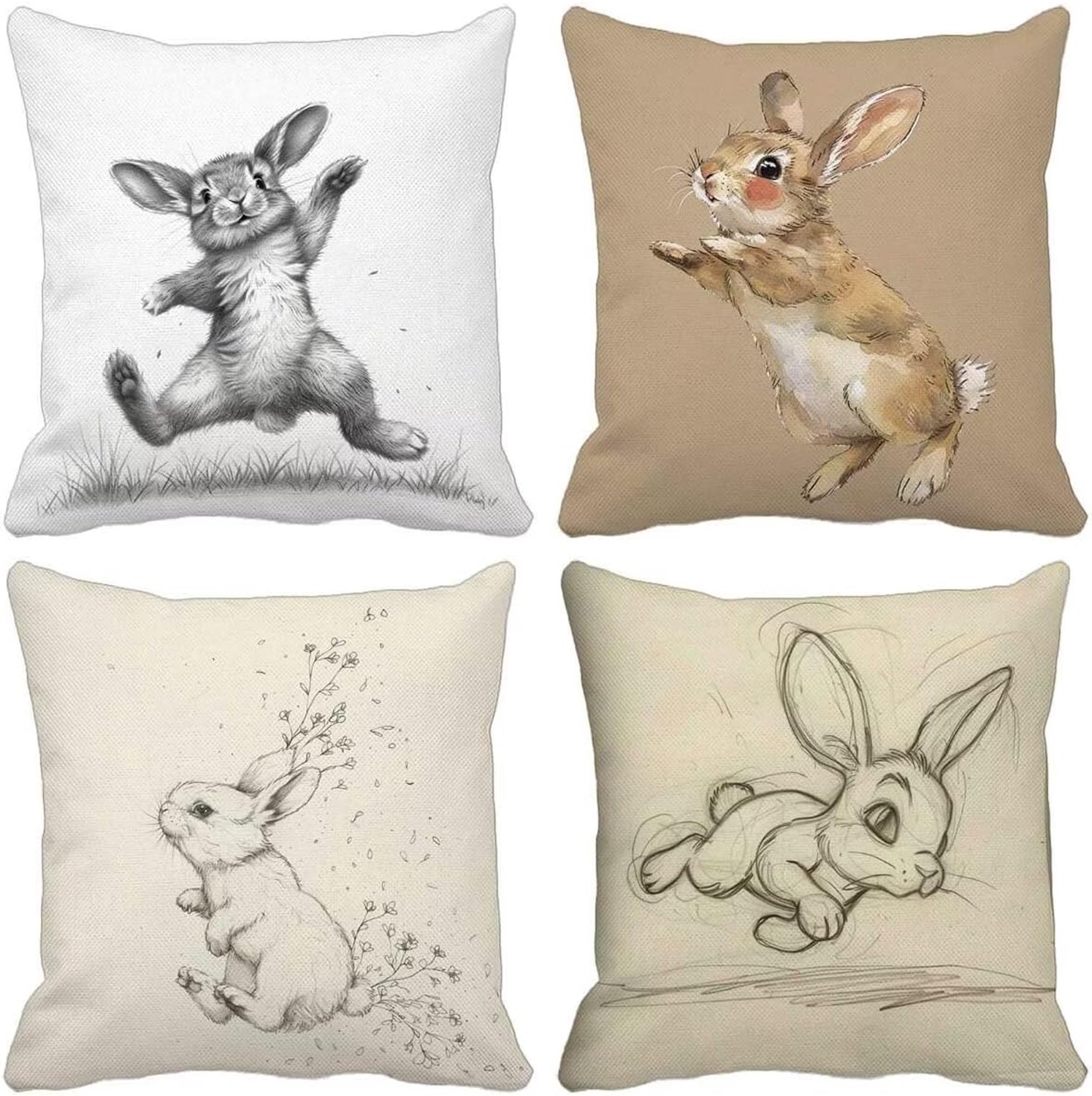 Bankkussen, beige, konijn, 35 x 35 mm, 4 stuks, versterkte naden, dubbel, ultrazacht, verborgen ritssluiting, tuinbank, terras, buitenkussen, voor woonkamer, woondecoratie 0-6