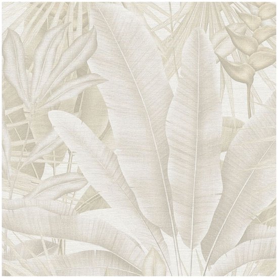 Papier peint jungle beige et crème avec de grandes feuilles structurées et des plumes.