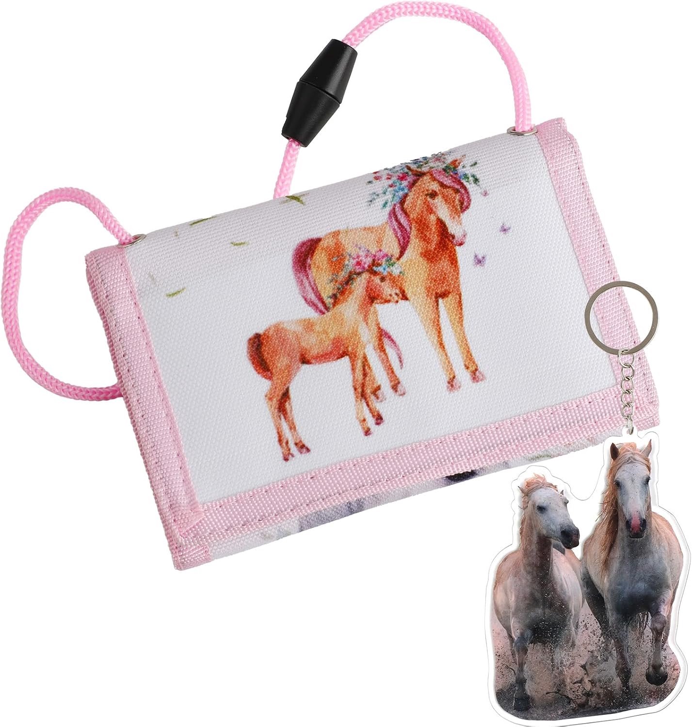 Borsttas voor kinderen, paarden, meisjes, cadeau, kinderportemonnee meisjes, borsttas, drievoudige gevouwen portemonnee met sleutelhanger, portemonnee voor kinderen