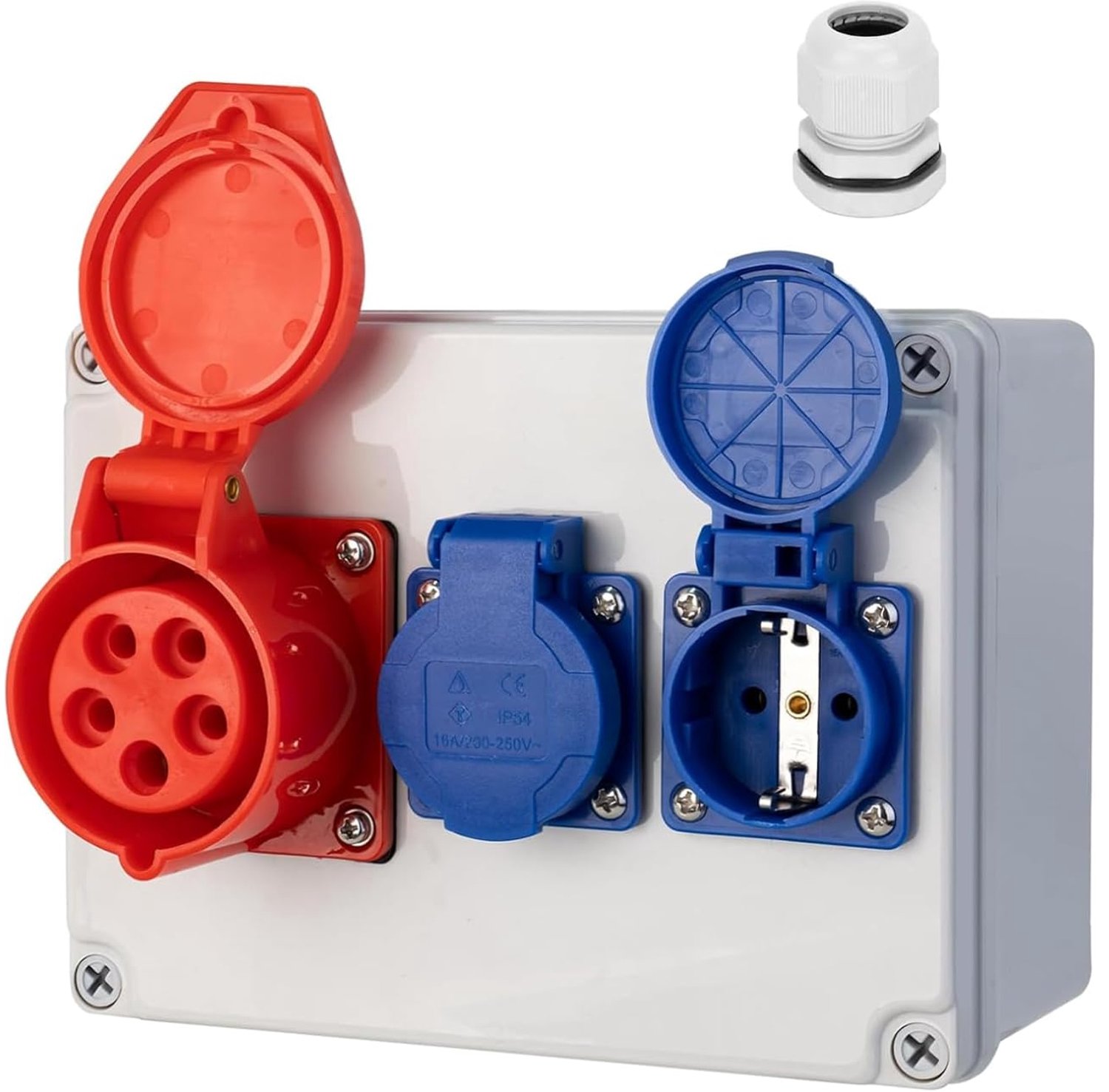 Wandverdeler bouwstroomverdeler 2 x 230 V Schuko IP44, 1 x CEE-stopcontact 16 A stroomverdeler IP66 waterdicht, kleine stroomverdeler voor binnen en buiten, werkplaatsen, fabrieken