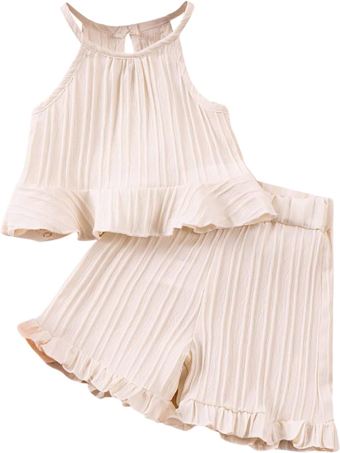 Générique 2-delige set voor meisjes, mouwloos, schoudervrij, rugvrij, shorts met ruches, casual strandkleding voor de zomer