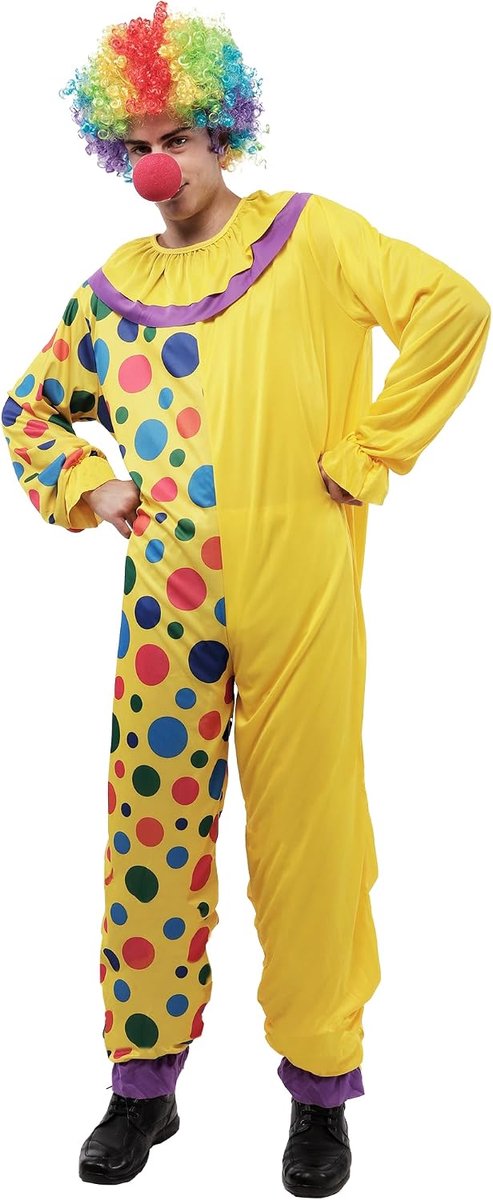 Clownskostuum voor heren, volwassenen, Halloween, carnaval, grappig, eendelig, geel met kleurrijke stippen