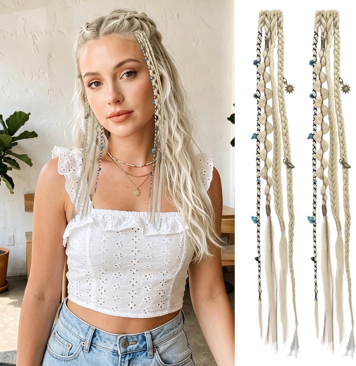 Dreadlock Extensions Paardenstaart, Met kralen, 2 stuks, Beige