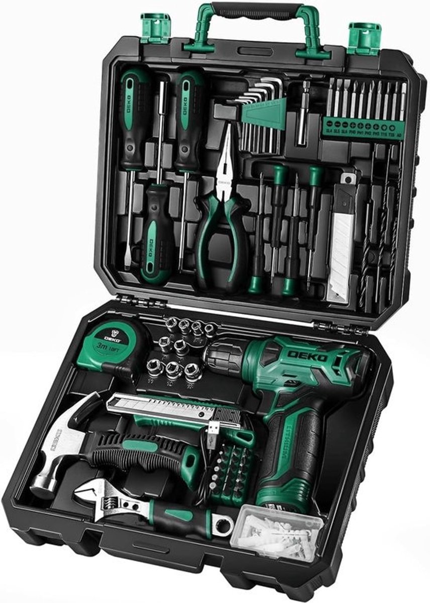 Gereedschapskist Set - Boormachine Inclusief - Thuisklus Klussen - 126 Delige Set - 8V Accu - Groen