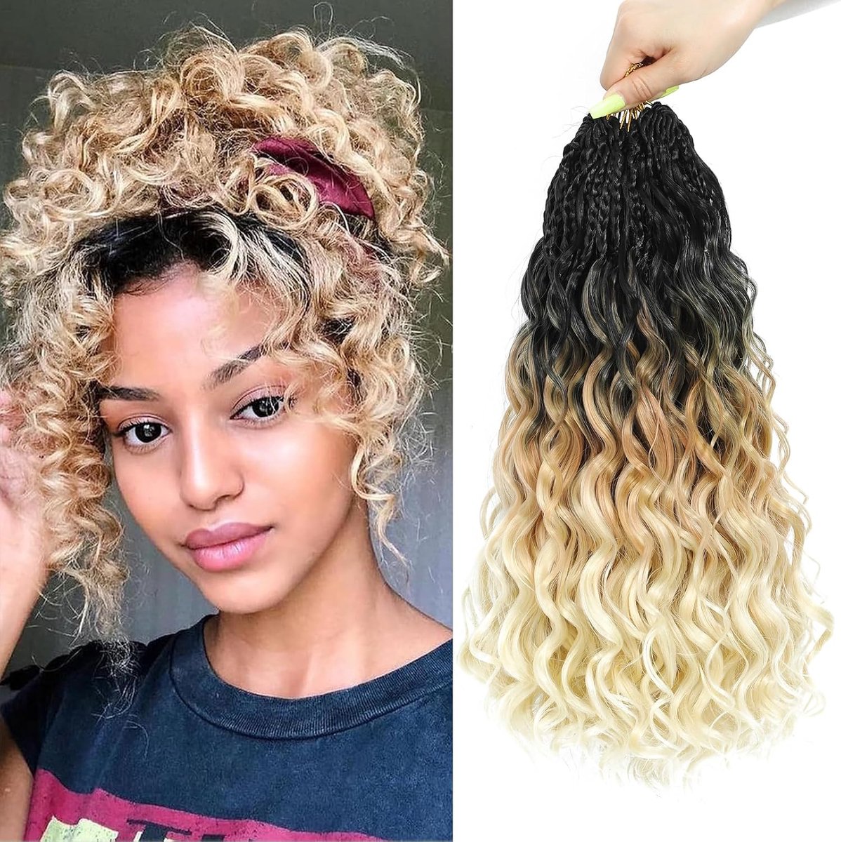 Looped Ocean Wave Crochet Hair 8 Packs Boho Ocean Braids Short Curly Crochet Hair Pre Twisted Synthetic Deep Wavy Crochet Hair for Women (1B/27/613, 14 Inch)