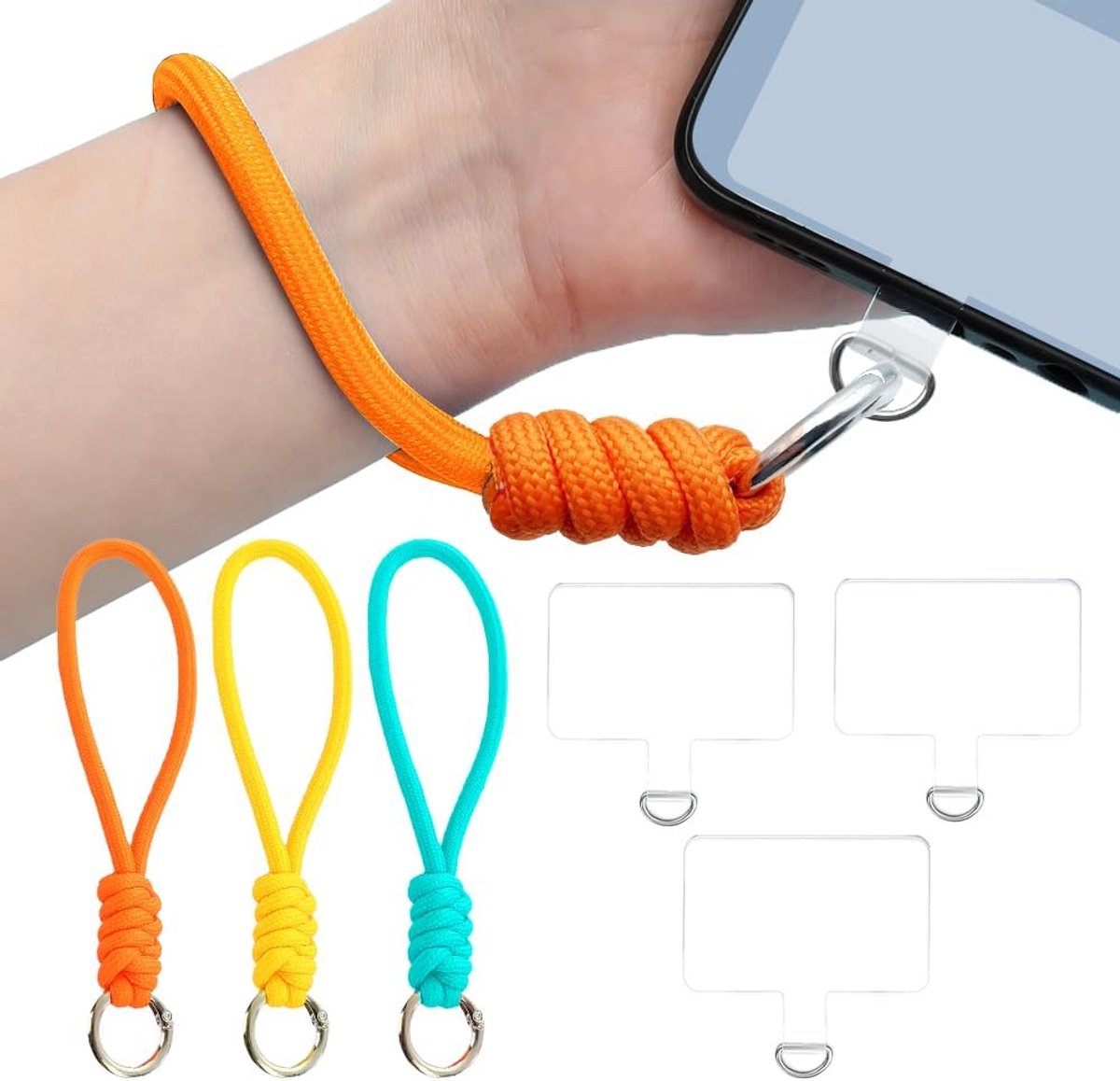 telefoon polsband lanyard - set van 3 mobiele telefoonbanden met metalen clips, draagbare telefoonkoord inclusief transparante adapter, voor smartphones