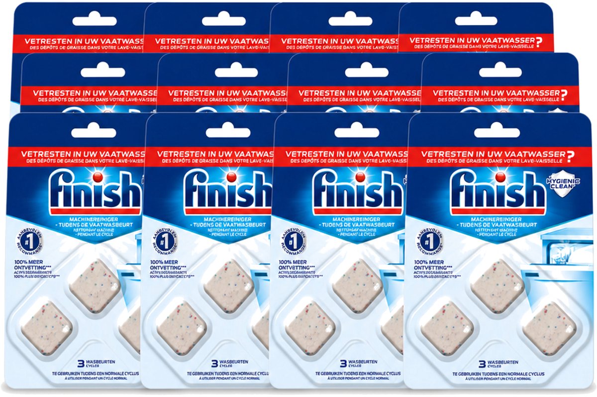 12 x Finish - Vaatwasreiniger - Ontvetter - Verwijdert Vetresten - 3 Wasbeurten - Voordeelverpakking - 12 stuks