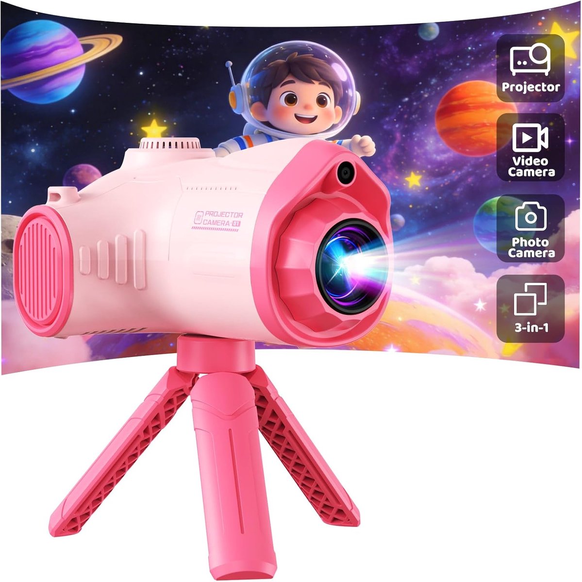 Fotocamera voor kinderen, 3-in-1 projector voor kinderen, 48 MP, 1080p, fotocamera met statief, 32 GB kaart, 2500 mAh accu, cadeau voor jongens en meisjes, roze