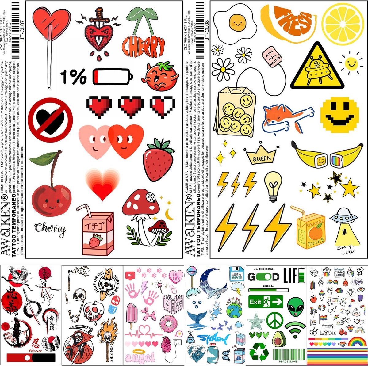 Nep-tattoos kleurrijk - verpakking van 8 stuks - met veel motieven - leuk voor jongens en meisjes - ShopVlot