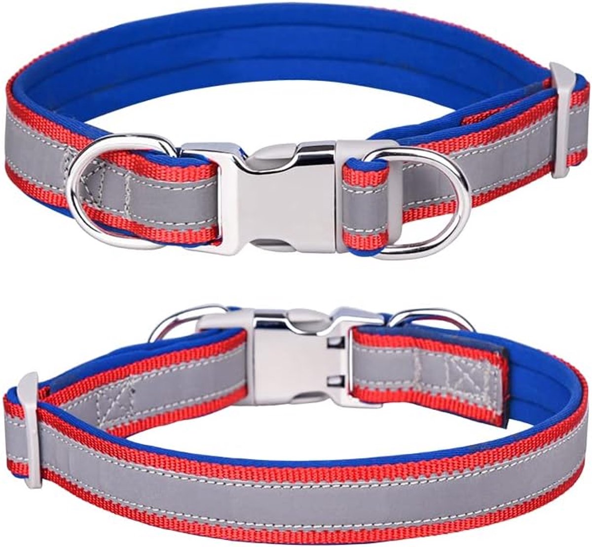 nylon halsband met veiligheidsgesp, verstelbare huisdierhalsbanden met zachte neopreen vulling voor kleine/medium/grote honden (L fit hals 38-60cm, donkerblauw)