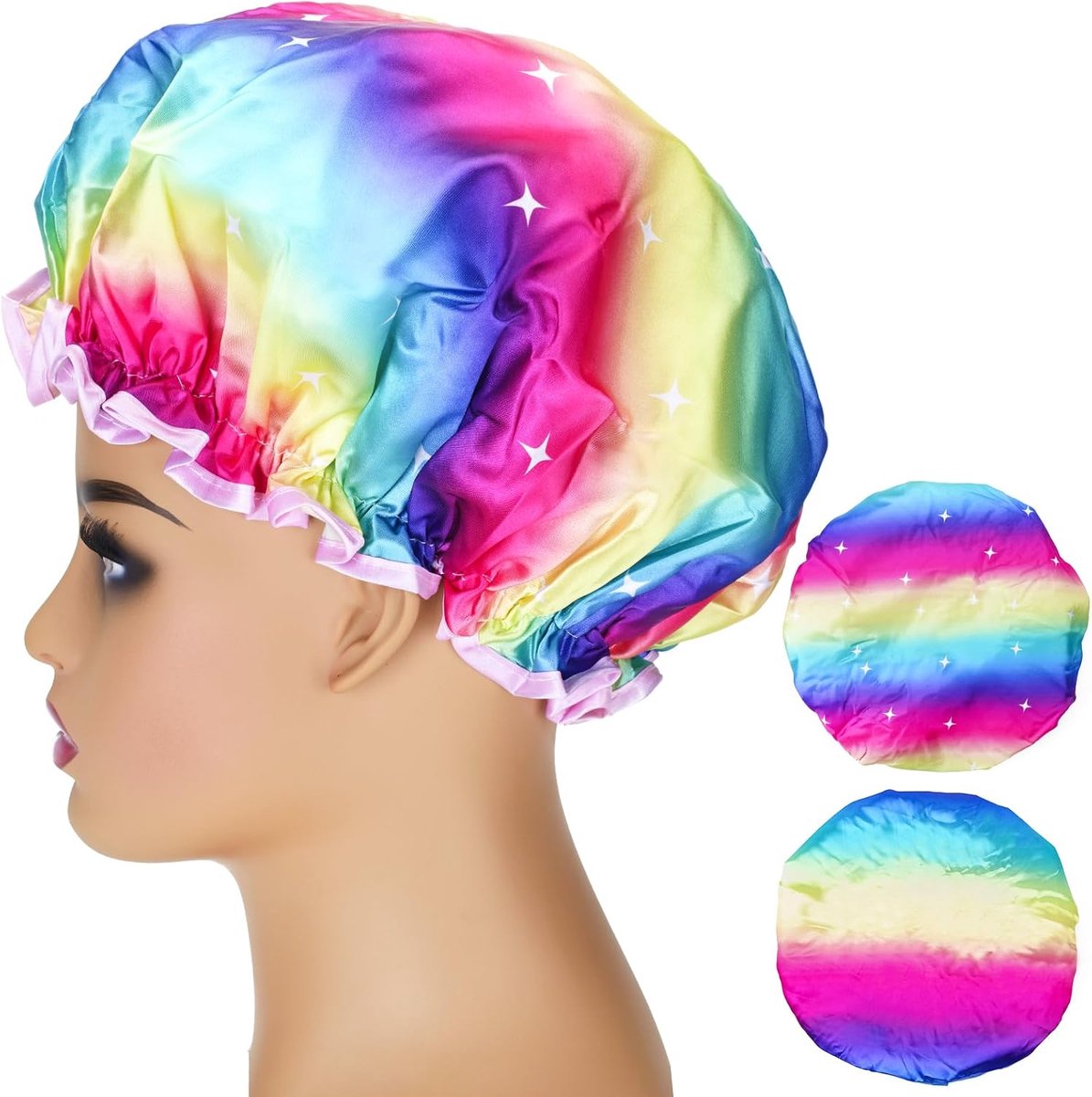 Waterdichte douchemuts, dubbellaagse douchemutsen, 32 cm, elastische herbruikbare badmutsen voor salon, spa, hotel, regenboog