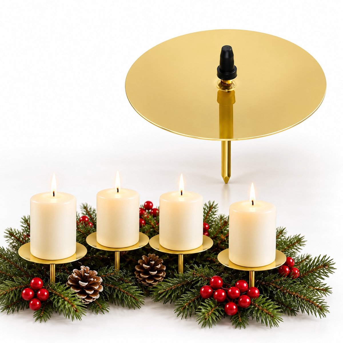 R&H® 4 x Adventskranspluggen 5 cm Kandelaars - Universeel voor Kaarsen - Kaarsenbord met Pin - Kaarsenstekker voor Adventskrans, Kerstkrans (Goud)