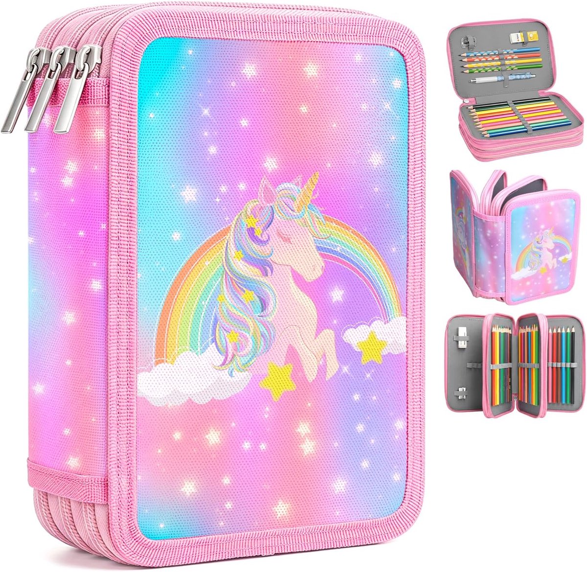Pennenetui met 3 vakken, vierkant, meerlaags, grote capaciteit, voor meisjes, roze, Kawaii pennenetui, roze, L, Minimalisme