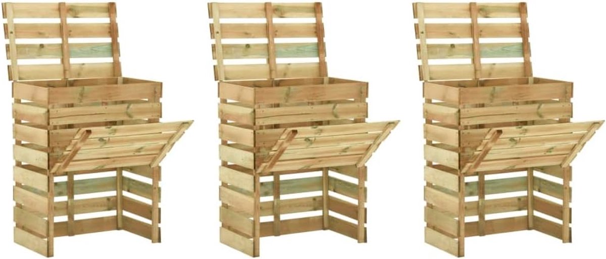 Set van 3 tuincomposters, 80 x 50 x 100 cm, van geïmpregneerd grenenhout, houten compostbak voor de tuin, compostbak met lattendesign voor organisch afval