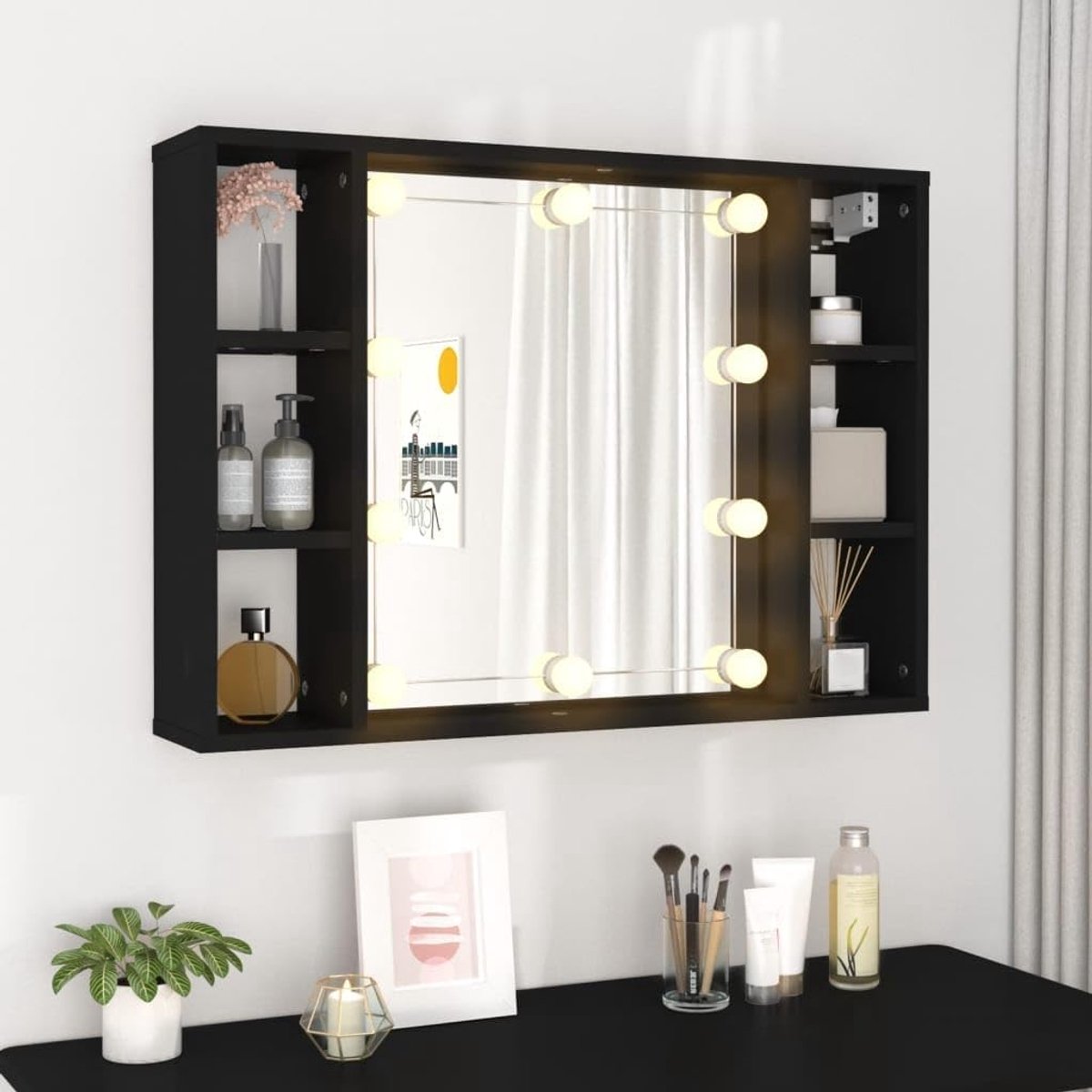 Spiegelkast met led, houtmateriaal, 76 x 15 x 55 cm, cosmeticaspiegel, hangkast, wandkast, spiegel, slaapkamer