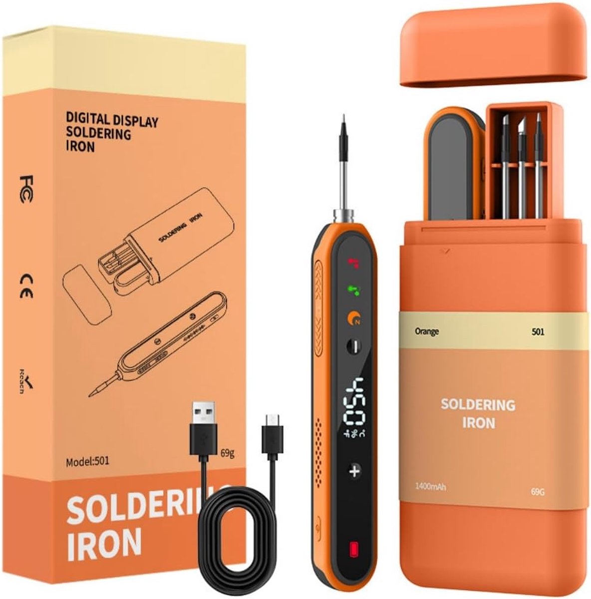 1400 mAh accu-soldeerbout, draadloze soldeerbout, 8s snel opwarmen, instelbare temperatuur 180-450°C, 3 soldeerpunten, draagbare soldeerbout voor elektrische werkzaamheden en