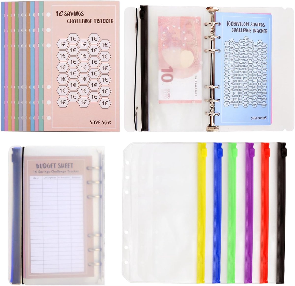 geldbesparende map, spaarmap, spar-challenge, budgetmap A6 – 48 euro tracker & 12 folies, stabiele A6-map met 6 gaten, ringband voor thuis, school, kantoor