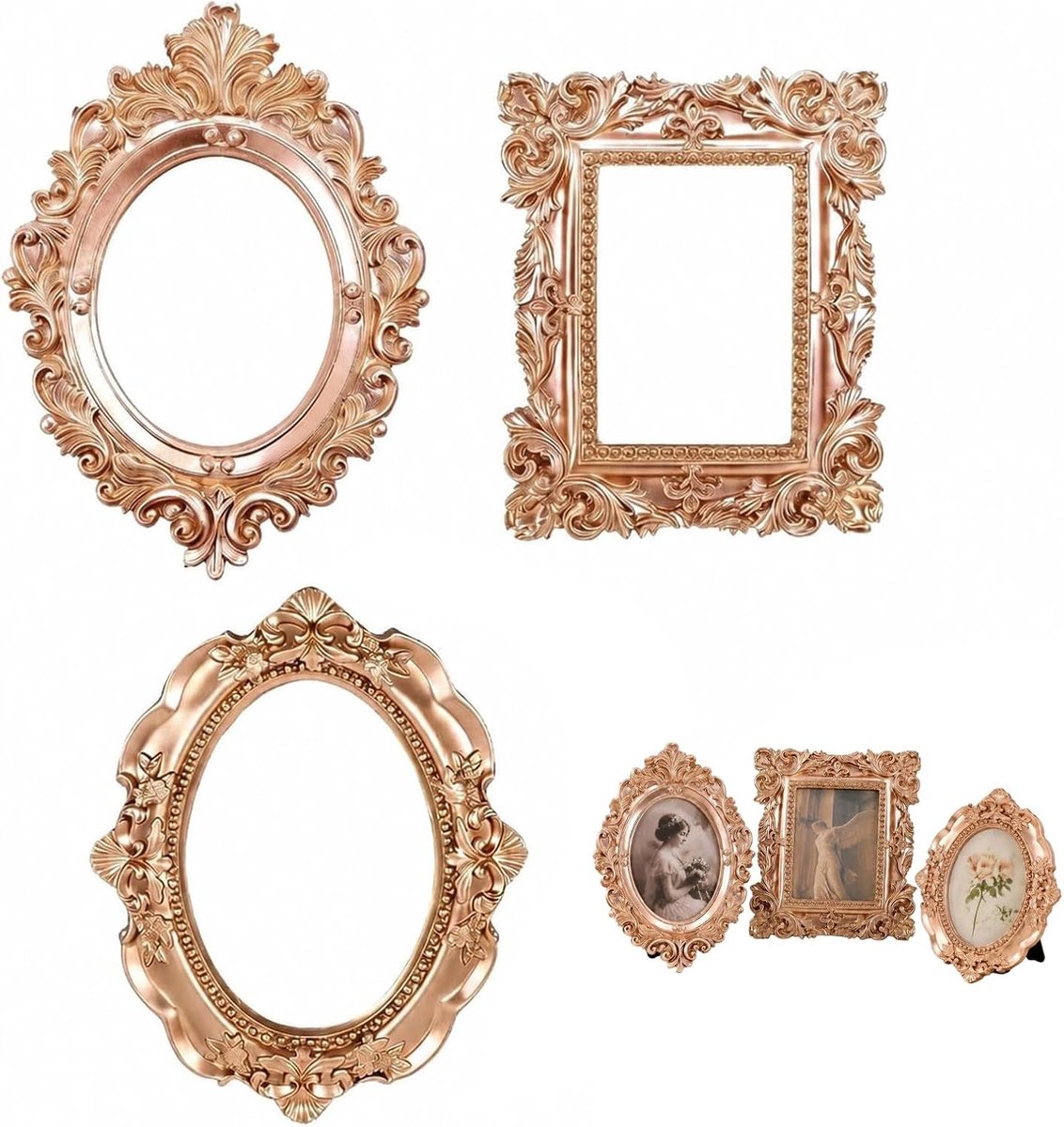 Fotolijst Goud 3-delig Set – Barok Stijl Mini Ovale & Vierkante Decoratieve Lijsten 12,3x10 cm – Resin Fotolijsten voor Tafel, Muur en Woondecoratie