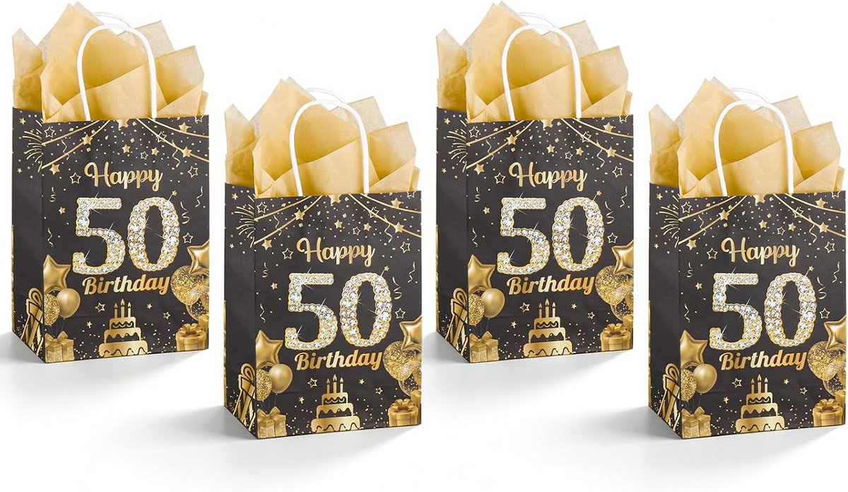 4 geschenkzakjes voor de 50e verjaardag, zwart en goud met pailletten, "Happy 50 Birthday" met handgrepen en cadeaukaart, voor geschenken en feestjes