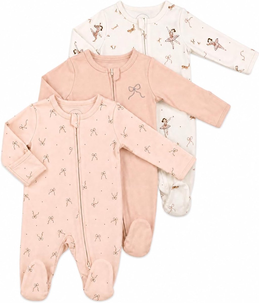 Babypyjama, romper, set van 3, katoen, uniseks babyoverall met ritssluiting, voeteneinde en inklapbare wanten, voor pasgeborenen tot 12 maanden