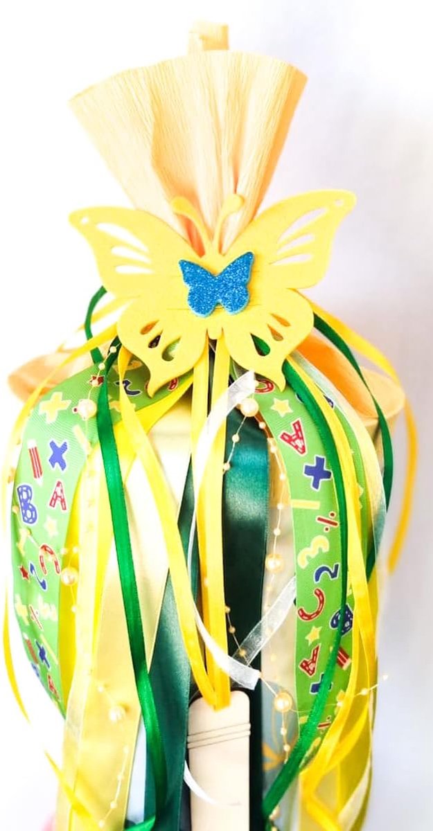Vilten strik, 55 cm x 14 cm, vlinder met naamplaatje, schoolzakje, strik, geschenkstrik, eerste schooldag en uniek met designbescherming (vlinder geel)