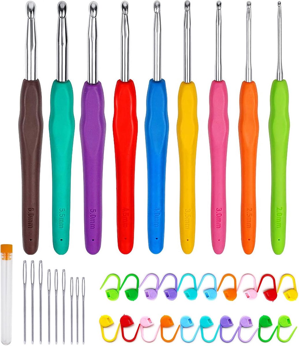 Haaknaaldenset, 2,0-6,0 mm, meerkleurig, breigaren, met 20 puntmarkers, ergonomische haak voor beginners en professionals