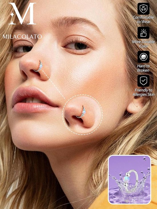 4 Stks Neusring Hoepel Stud Set Hypoallergeen Chirurgisch Staal Opaal Spetum Ring Sliver L-vormige Neus Stud Goud voor Vrouwen 18G Septum Piercing Sieraden Helix Neusgat Conch Hoop Piercing — afbeelding 4