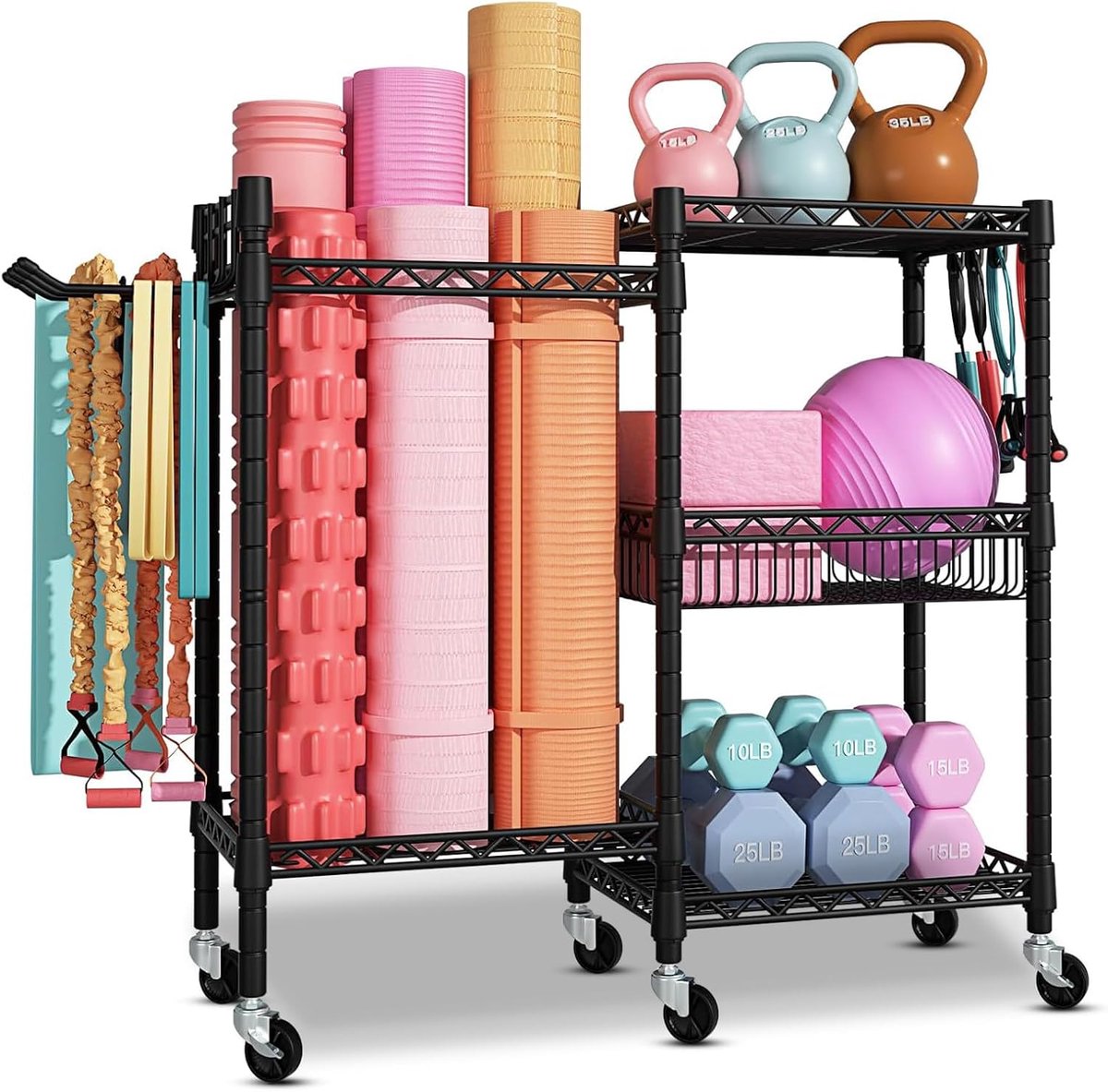 Halterstandaard met 3 niveaus met vergrendelbare wielen en haken, fitnessrek van koolstofstaal voor stuurstangen, yogamatten en weerstandsbanden, 91,5 × 30 × 82,5 cm, draagkracht 120 kg