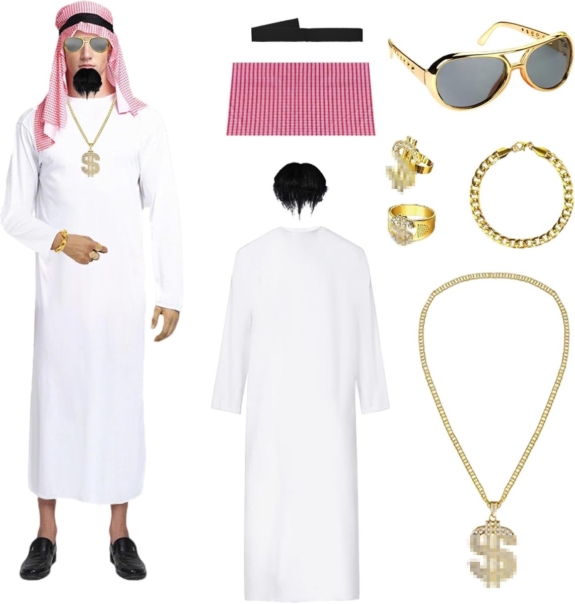 Sjeikkostuum voor heren, Arabisch kostuum, Arabisch wit gewaad met hoofddoek, vingerring, halskettingen, armband, zonnebril voor feest, cosplay