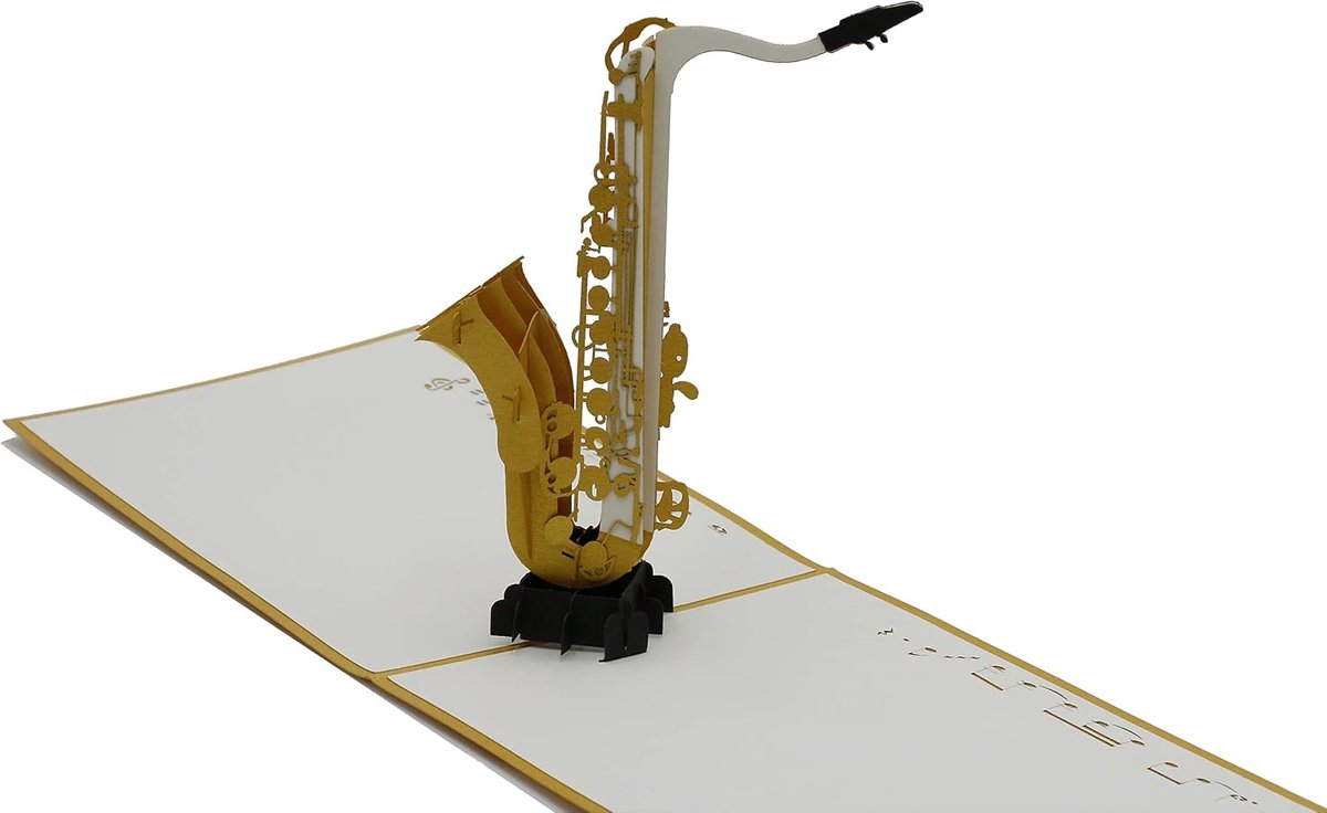 Saxofoon, jazz-instrument, tegoedbonmuziek, concert, 3D vouwkaart, pop-up kaart, wenskaart