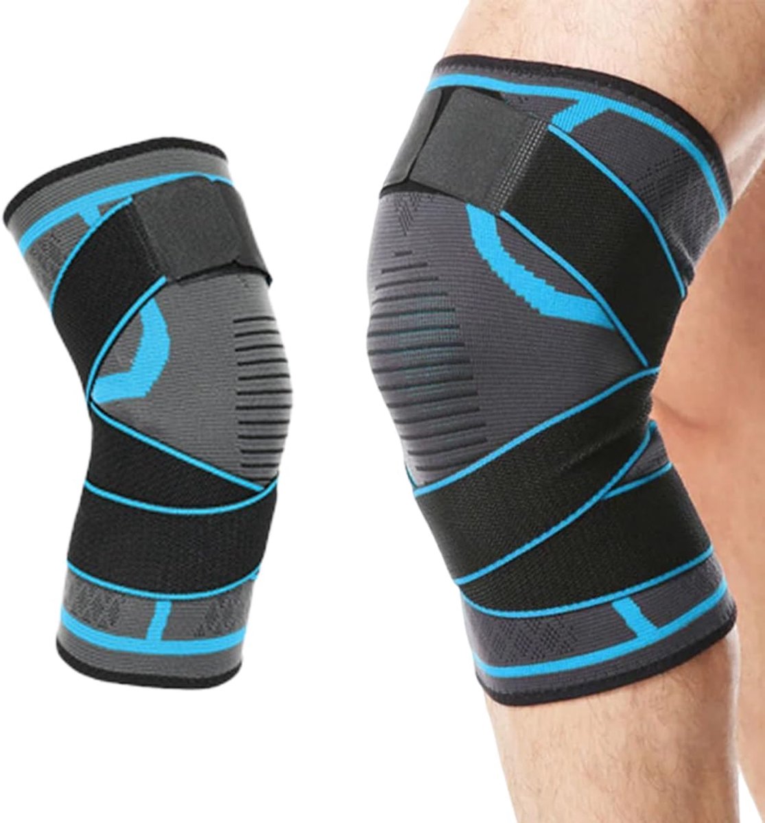 kniebandage met verstelbare riemen voor compressieondersteuning en verlichting van gewrichtspijn tijdens het hardlopen, sport en basketbal (oceaanblauw, maat M)
