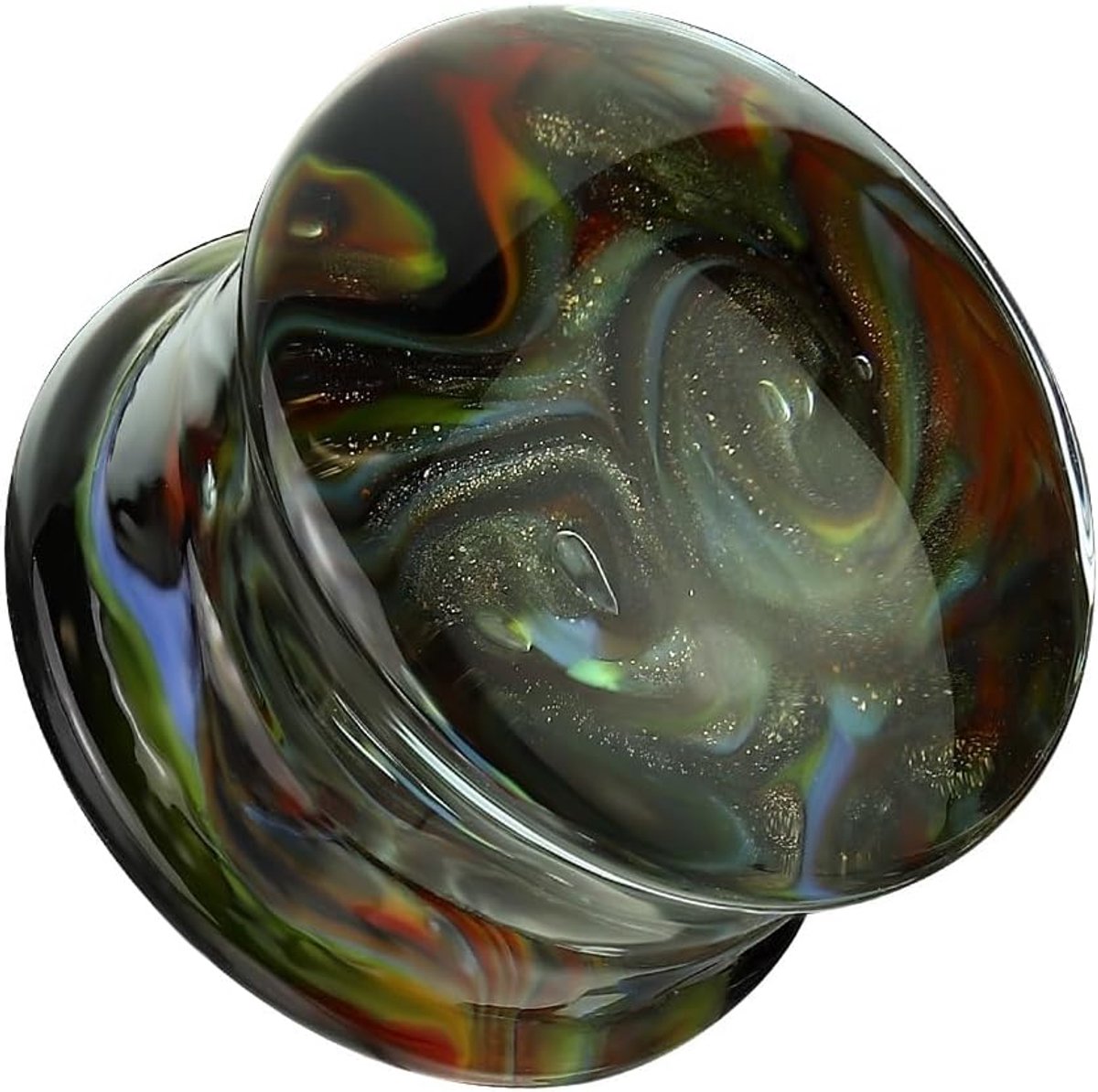 regenboog wervels zwart glas oorpiercing oorsieraad tunnel double flare zadelsluiting 6-25 mm