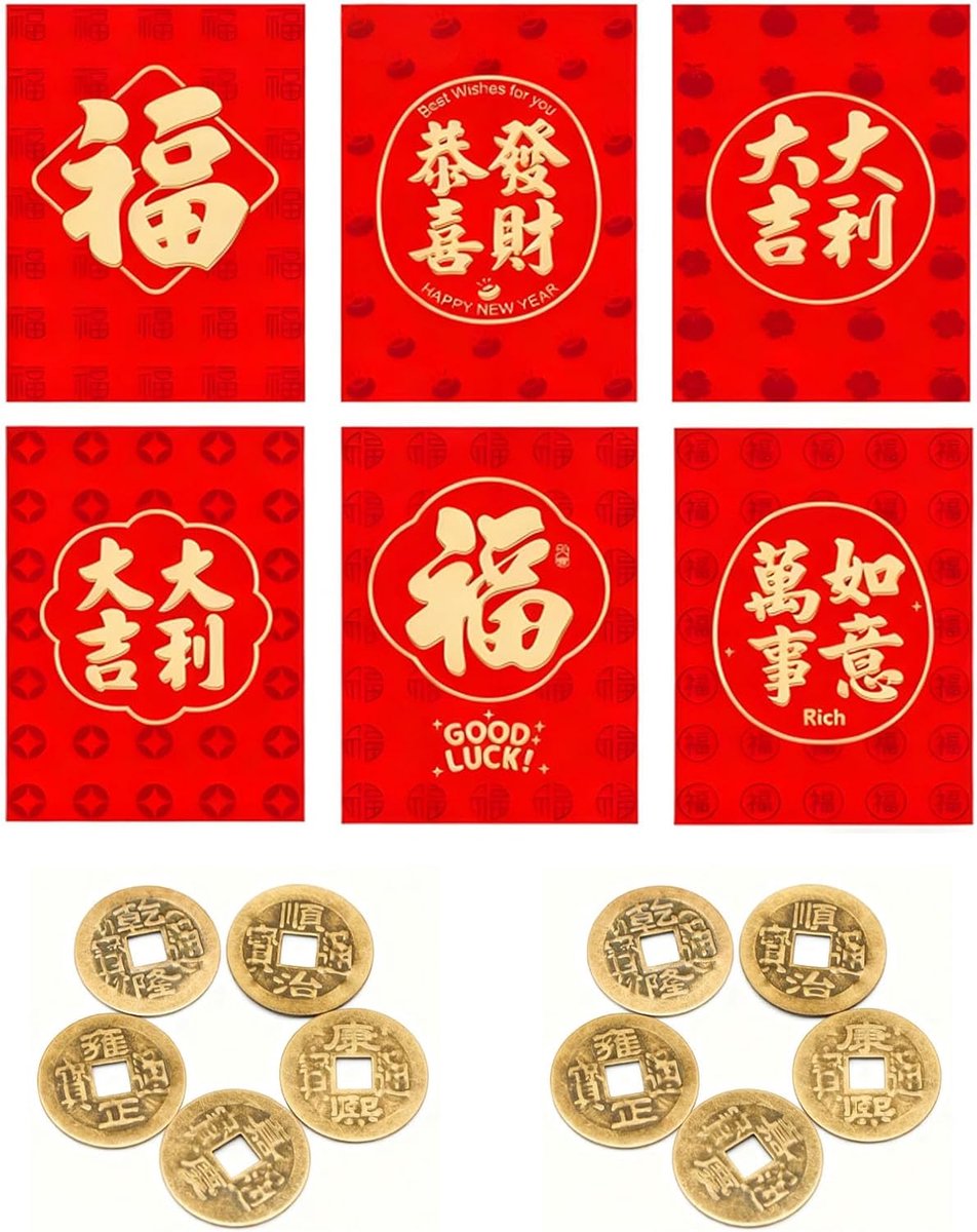 Set van 36 Chinese rode enveloppen, 10 Chinese Feng Shui-munten, Hong Bao Lucky Money Cash Chinees Nieuwjaar 2026, voor het nieuwe maanjaar, lentefestival