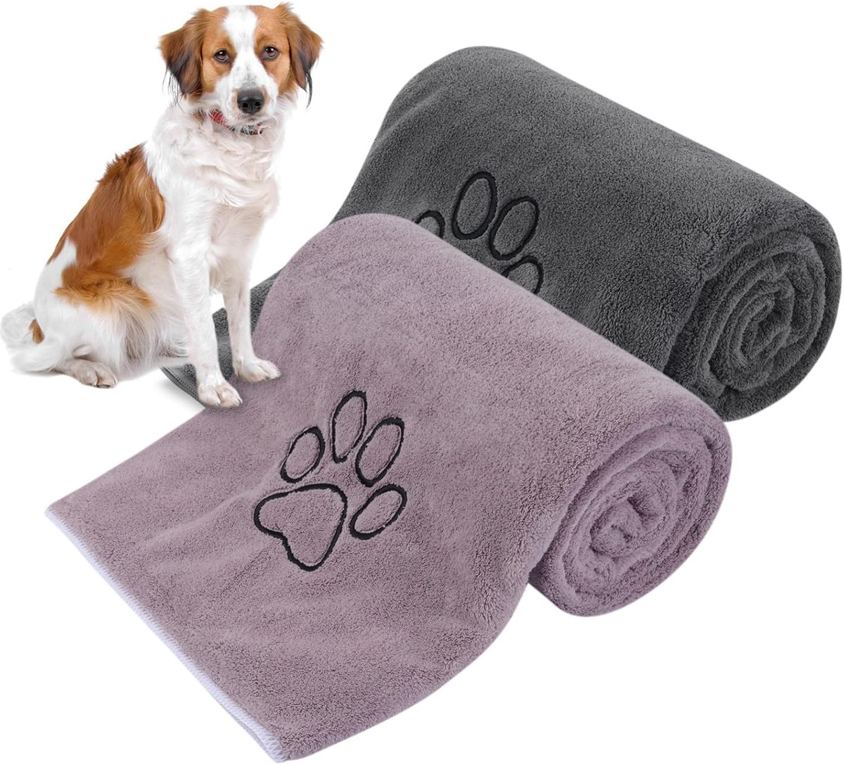 Hondenhanddoeken Super absorberend microvezel voor kleine, middelgrote hond, drooggedroogde handdoek voor honden, zachte huisdierbadhanddoeken en katten met geborduurde poot Pure+Grijs