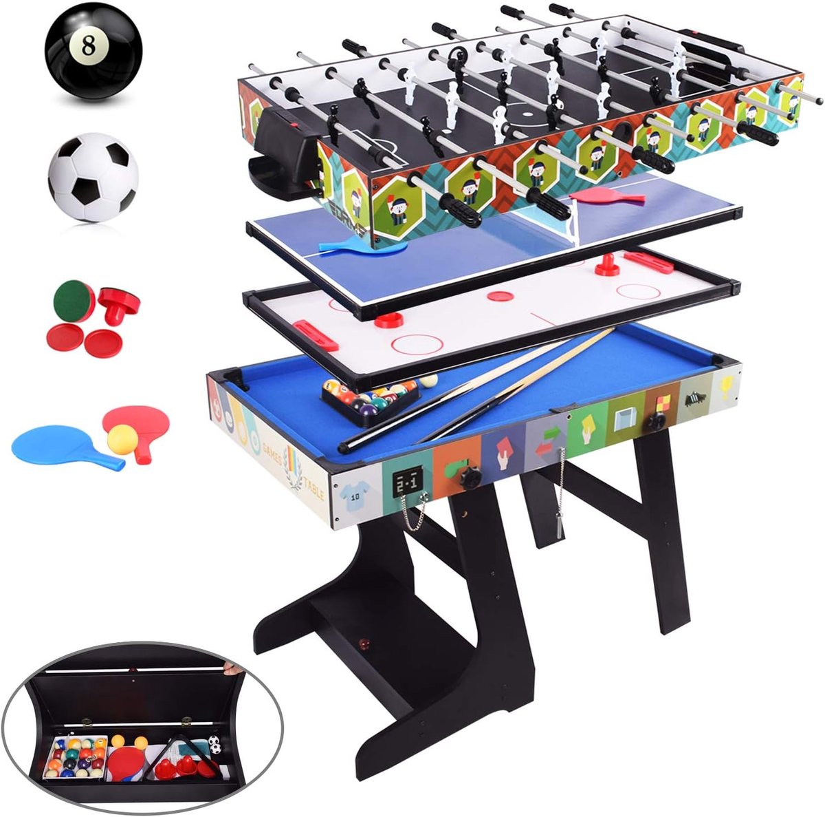 Inklapbaar multifunctioneel tafelspel, tafelvoetbal (tafelkikker), tafeltennis/airhockey/biljarttafel, MDF, 124 x 82 x 61 cm