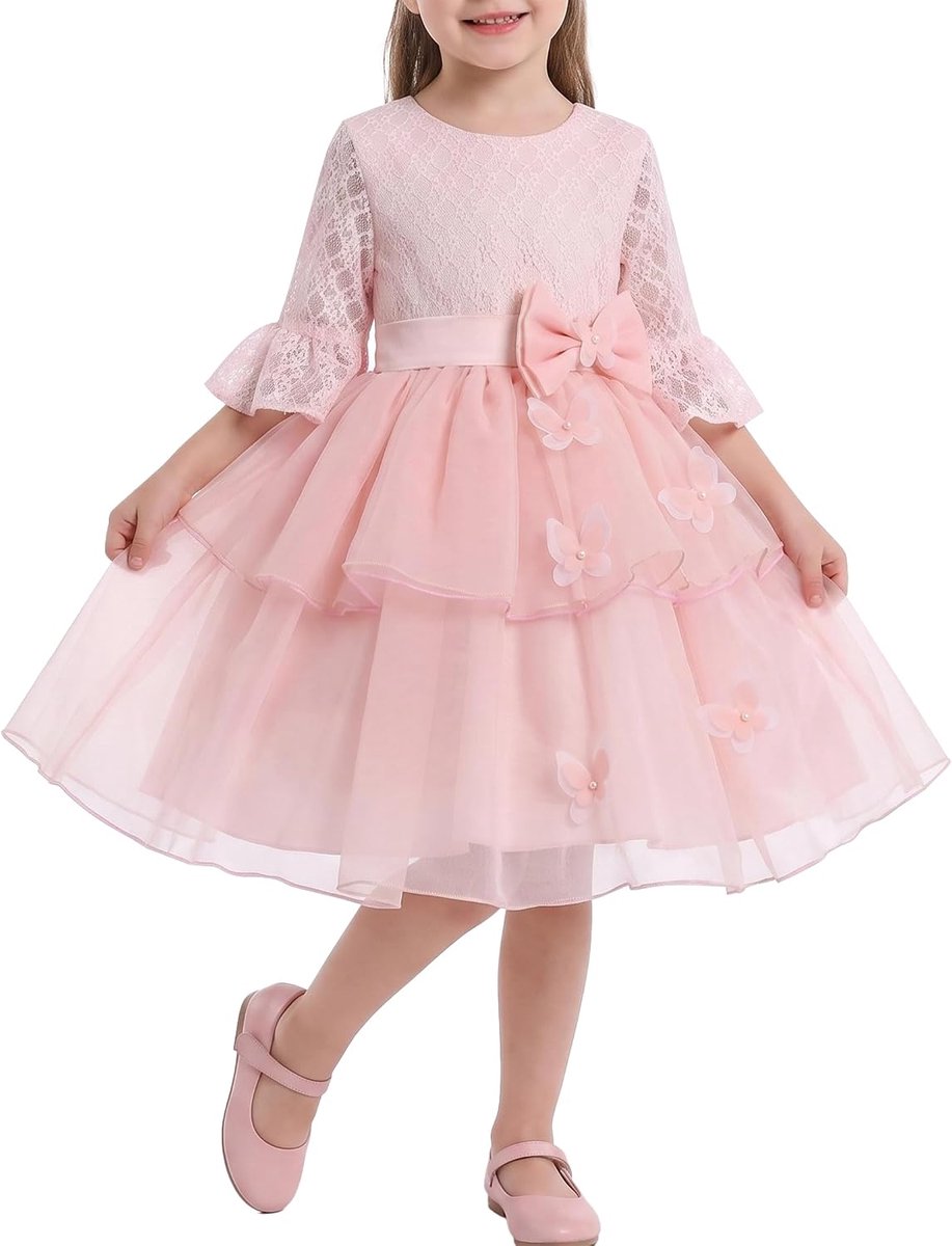 Jurk Roze Tule Bloemen Appliqué 3/4 Puur Mesh Mouw Bruiloft Partij 6-12 jaar