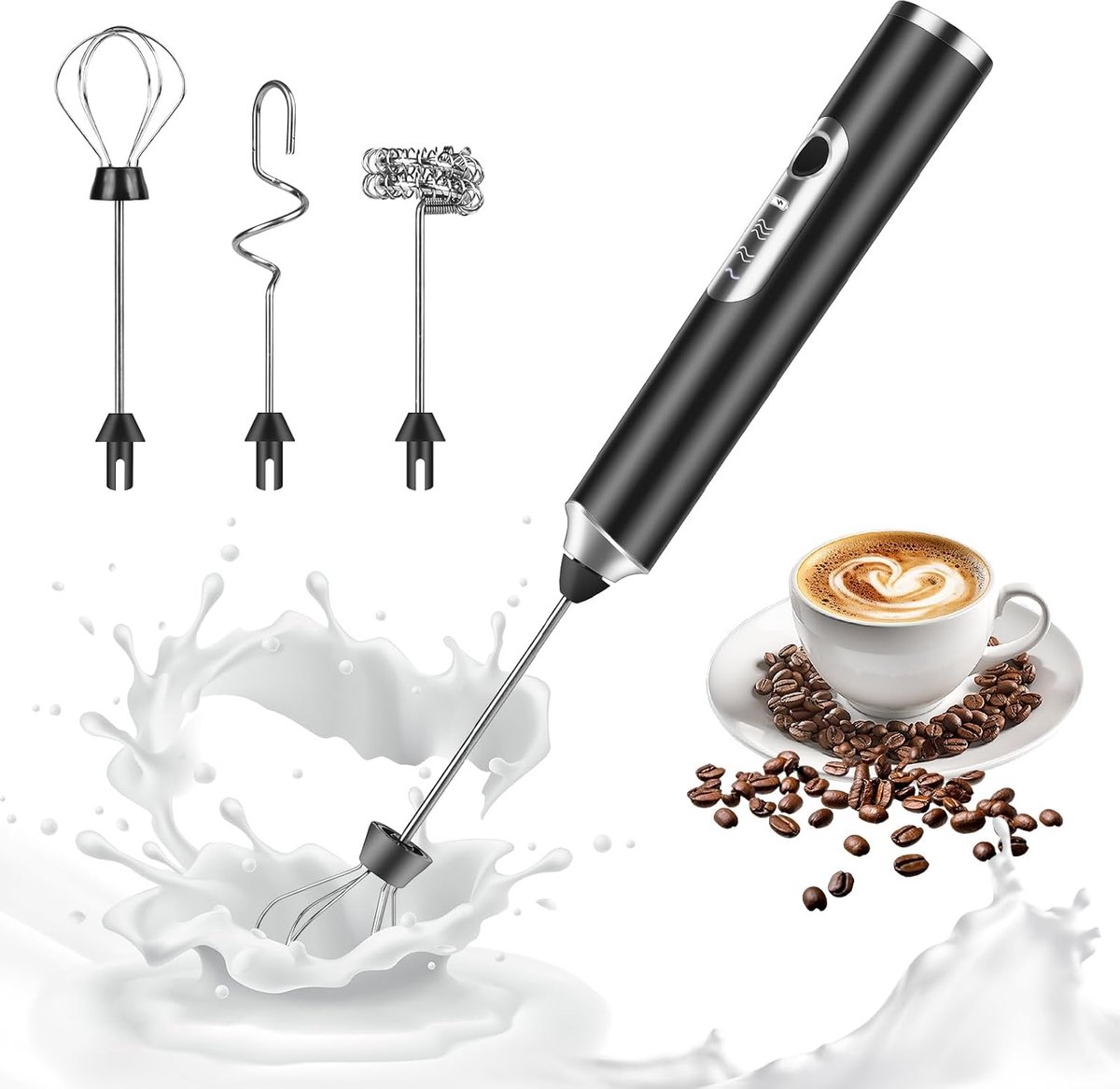 Oplaadbare USB Milk Frother, Elektrische Milk Frother met 3 Tube Heads, Adjustable Mini Whisk with 3 Speed, Mini Electric Egg Whisk for Coffee, Match, Latte, Cappuccino