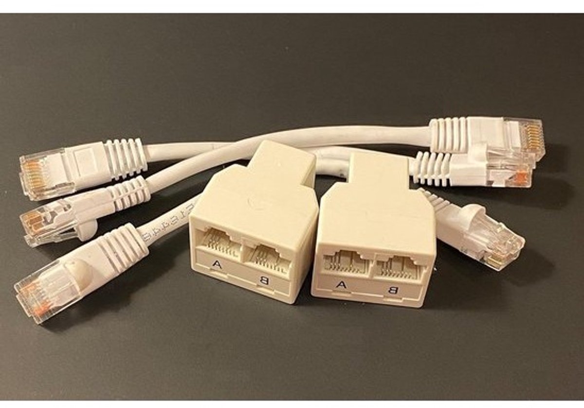 Netwerk Splitter Kit - Ethernet Kabel Delen - Netwerk Uitbreiding - Twee Aansluitingen Eén Kabel - 3 Kabels Inbegrepen - Grijs