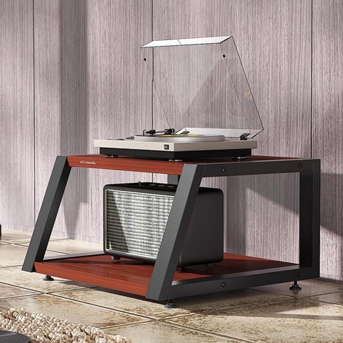 Stereo Kast - Audiorek Media Meubel - Audioapparatuur Opbergen - Staal en Hout Combinatie - 2 Lagen - Donker