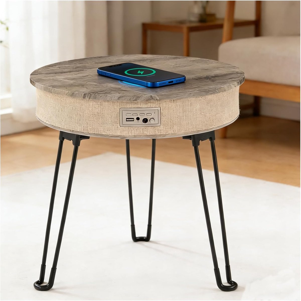 Donné Party salontafel bijzettafel met 10w luidspreker, BT Speaker 5.0, 2 luidsprekers, waterdichte roestvrijstalen poten, sensor nachtlampje, draadloos opladen wifi, opvouwbaar (rustiek bruin)