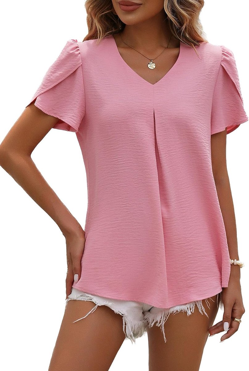 Dames zomer korte mouwen tuniek V-hals shirt effen chiffon bovenstuk lente elegant zomerblouse casual blouse t-shirt top 2023