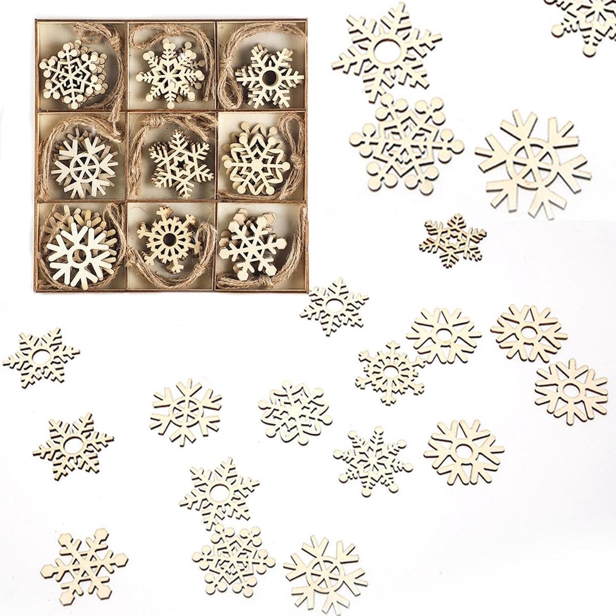 Vintage Houten Kersthangertjes - 45 Stuks Sneeuwvlokken Ornamenten voor Kerstboom Versiering met Jute Touw
