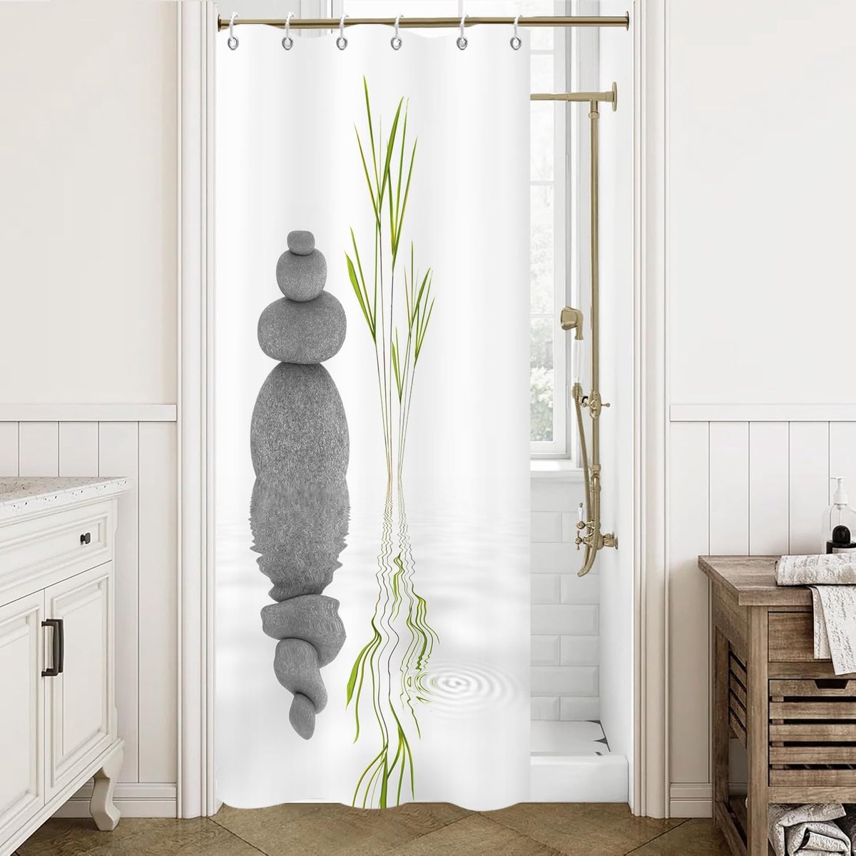 douchegordijn, 120x200cm, Zen Spa stenen groene plant blad waterreflectie ontspannende meditatie waterdichte stof machinaal wasbare badkamergerdijn met haken