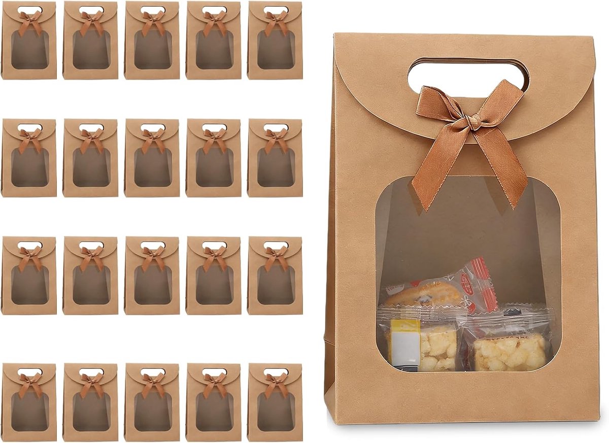 20 stuks cadeauzakjes met venster, 16 x 12 x 6 cm, bruine papieren zakken, cadeauzakjes met handgrepen, papieren cadeauzakjes, papieren zakken met venster voor het verpakken van