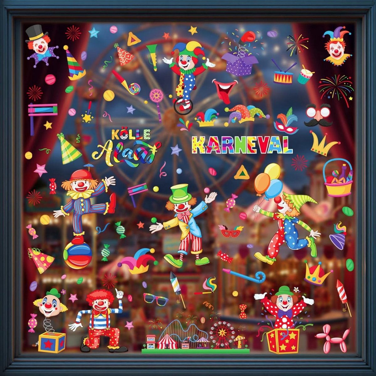 9 Stuks Clown zelfklevend Raamafbeeldingen, Carnavaldecoratie raamafbeeldingen, Raamstickers Carnaval Clown, Statisch hechtend, Dubbelzijdig bedrukt zelfklevende, Raamdecoratie, Kinderkamer