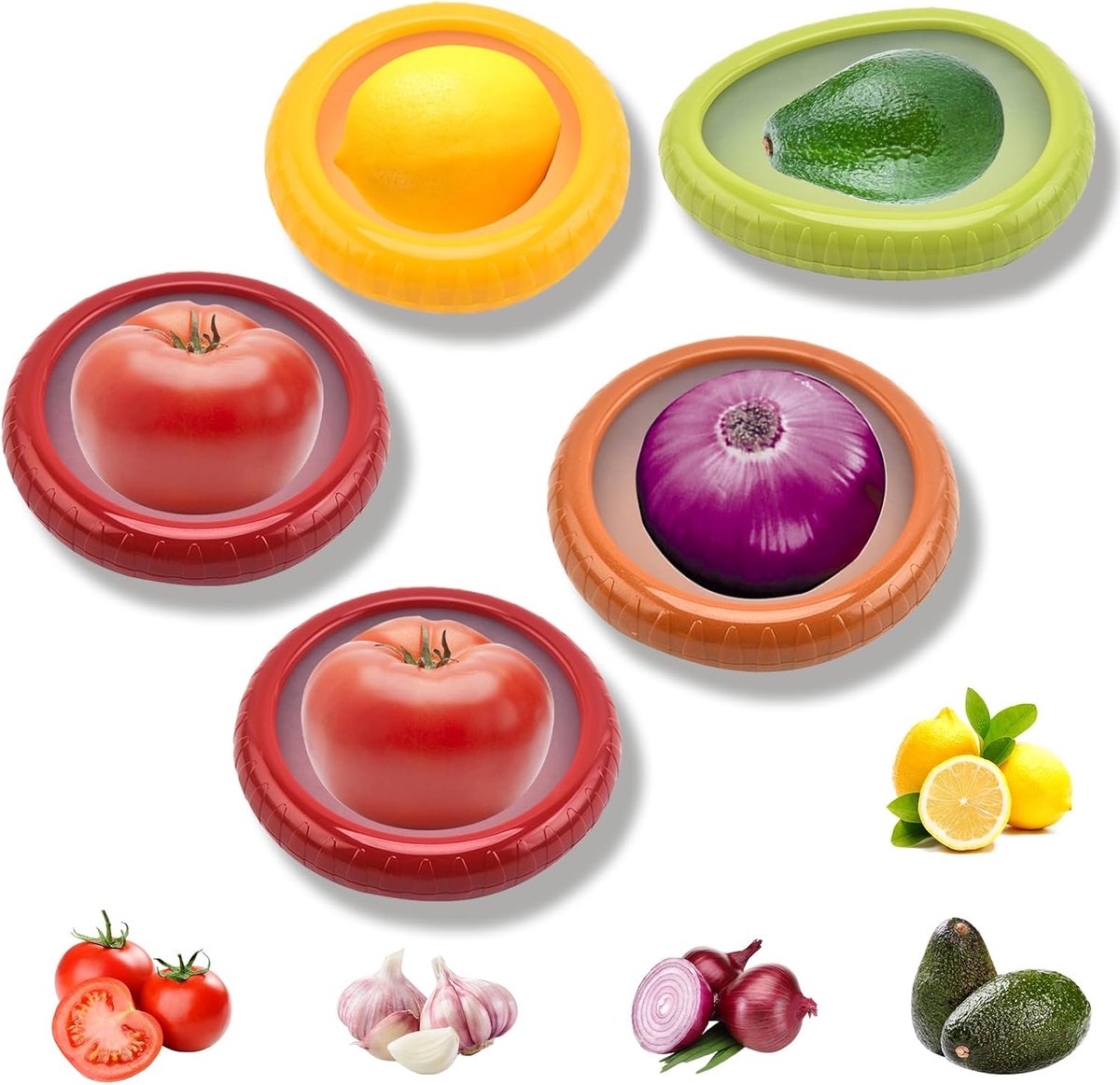 Mumisuto 5 stuks vershouddozen, opslag voor fruit en groenten, lekvrije herbruikbare vershoudplateau, luchtdicht voor langdurige opslag van groenten/citroen/tomaat/avocado