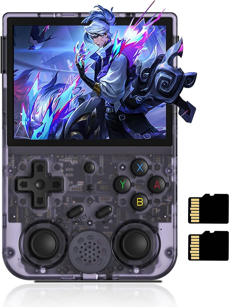 Draagbare gameconsole, compatibel met Dual OS Android 11 en Linux-systeem, ondersteunt 2.4G/5G WiFi 4.2 Bluetooth 64G SD-kaart, 3200 mAh batterij met hoge capaciteit, paars transparant