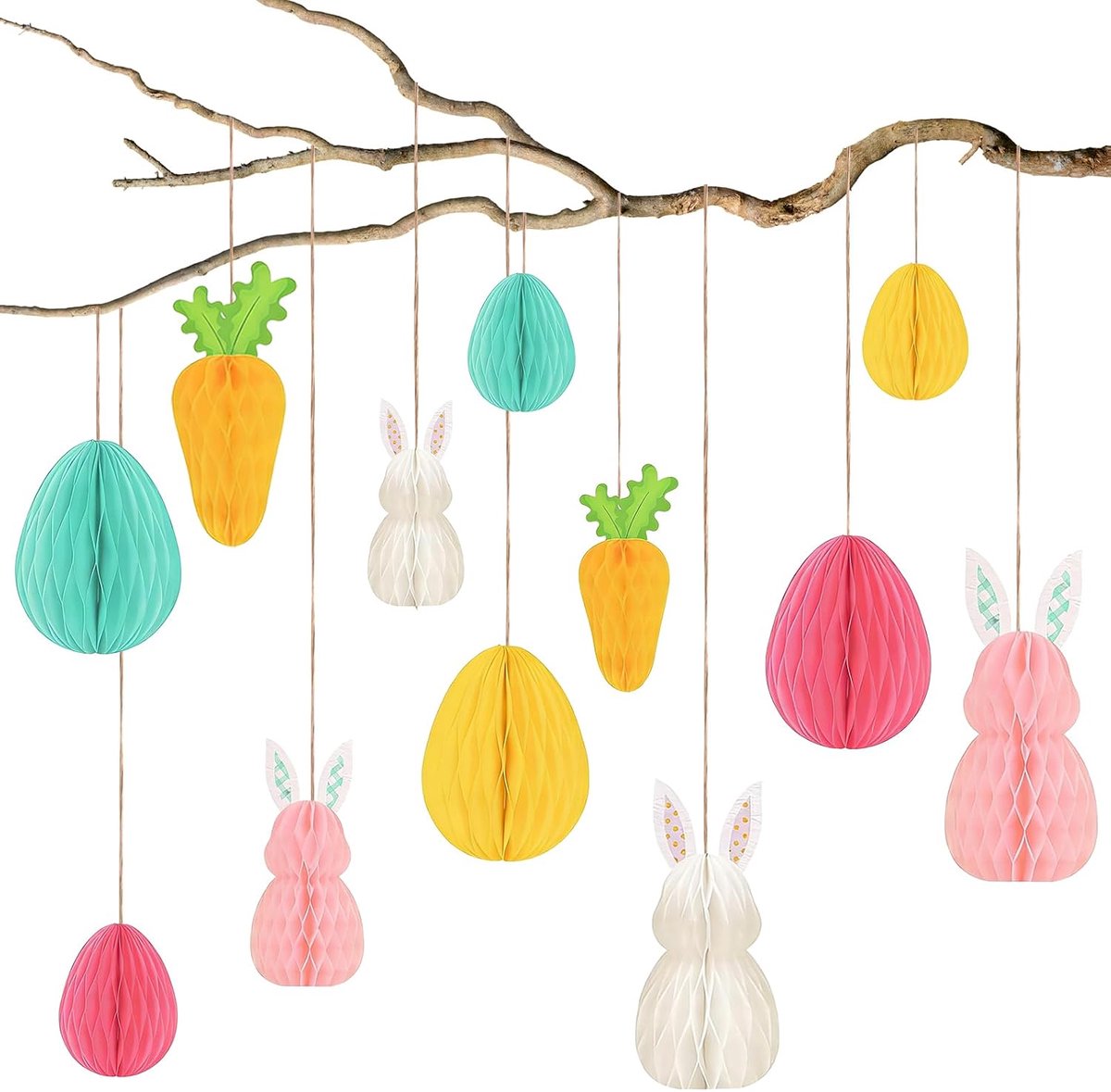 paashaas om op te hangen, 12 stuks, paashaas decoratie, honingraatfiguur, paaseieren, herbruikbaar, paashaas van zijdepapier, honingraatpapier, om op te hangen, voor binnen en buiten